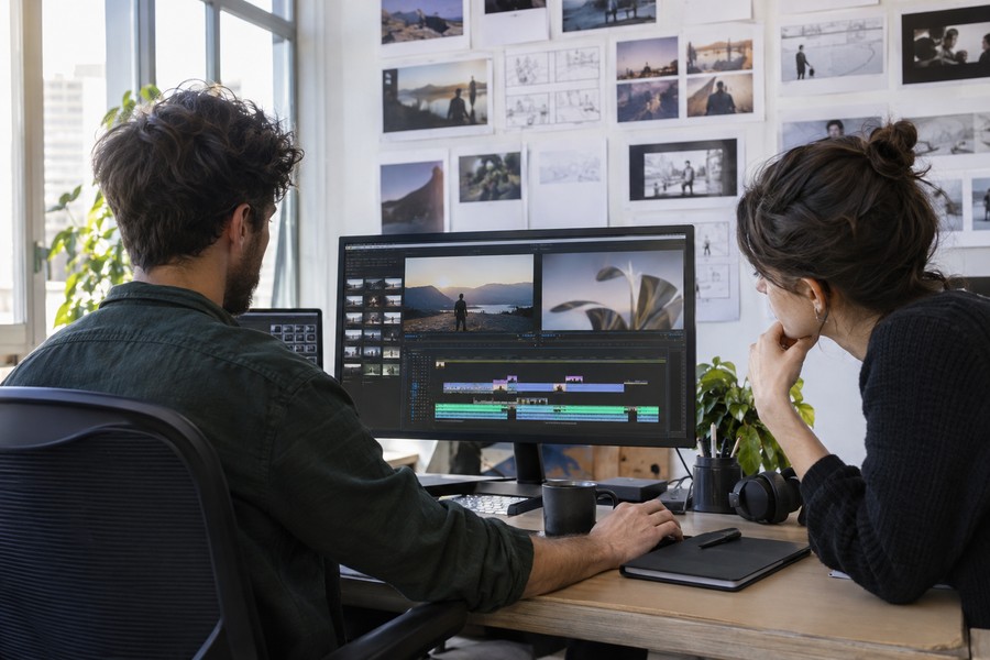 Deux créatifs travaillant sur un projet de motion design devant un écran de montage